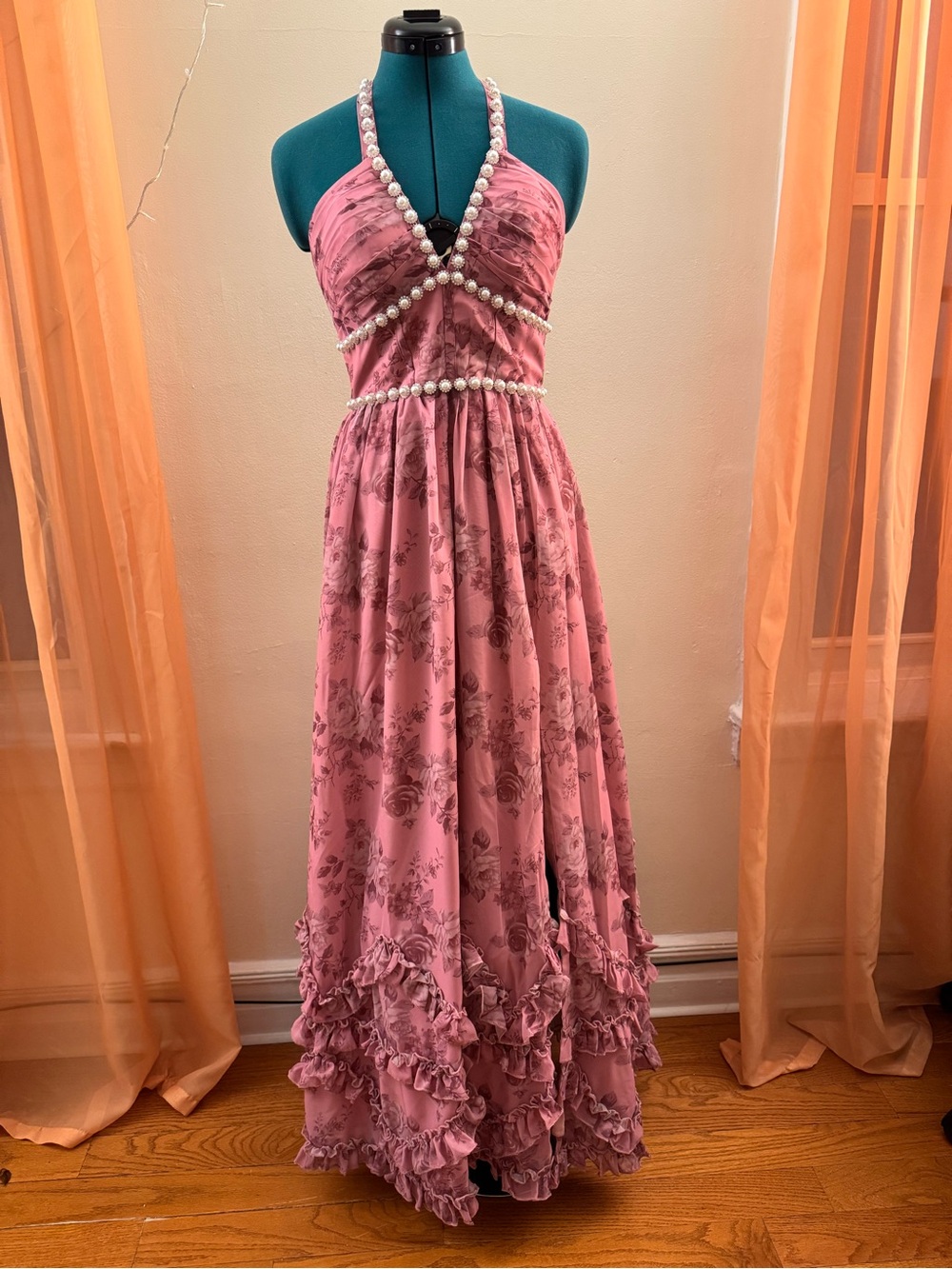 Pink Floral Halter Maxi Dress with Pearl Trim Accents